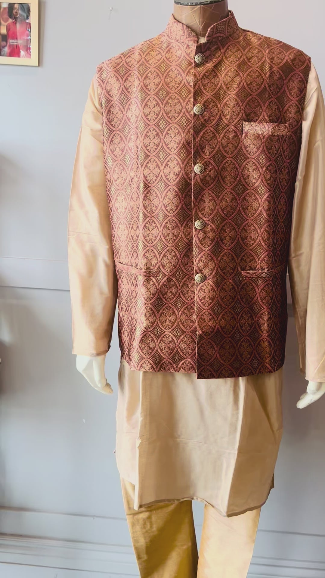 Beige Kurta Set with Pink Vest