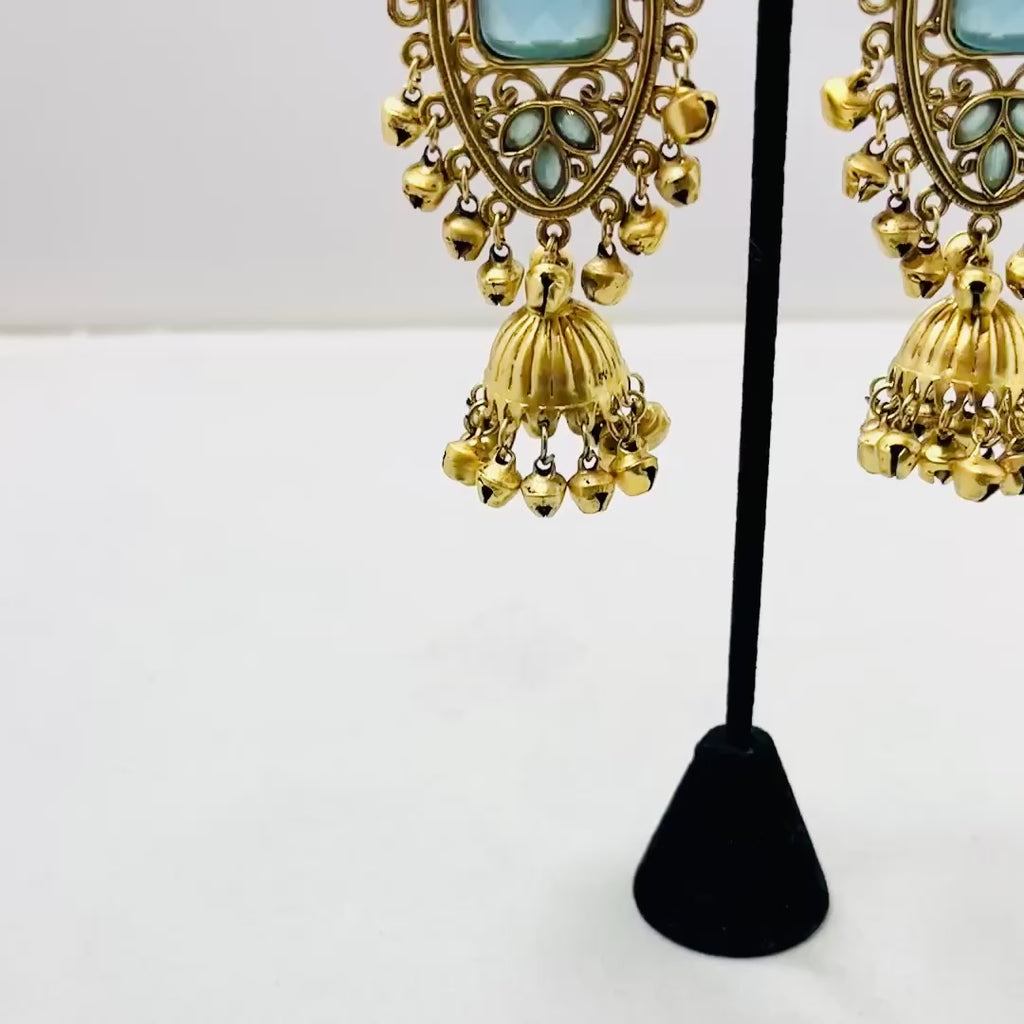 Gold & Sky-blue Jhumka Earrings