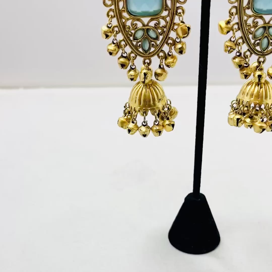 Gold & Sky-blue Jhumka Earrings