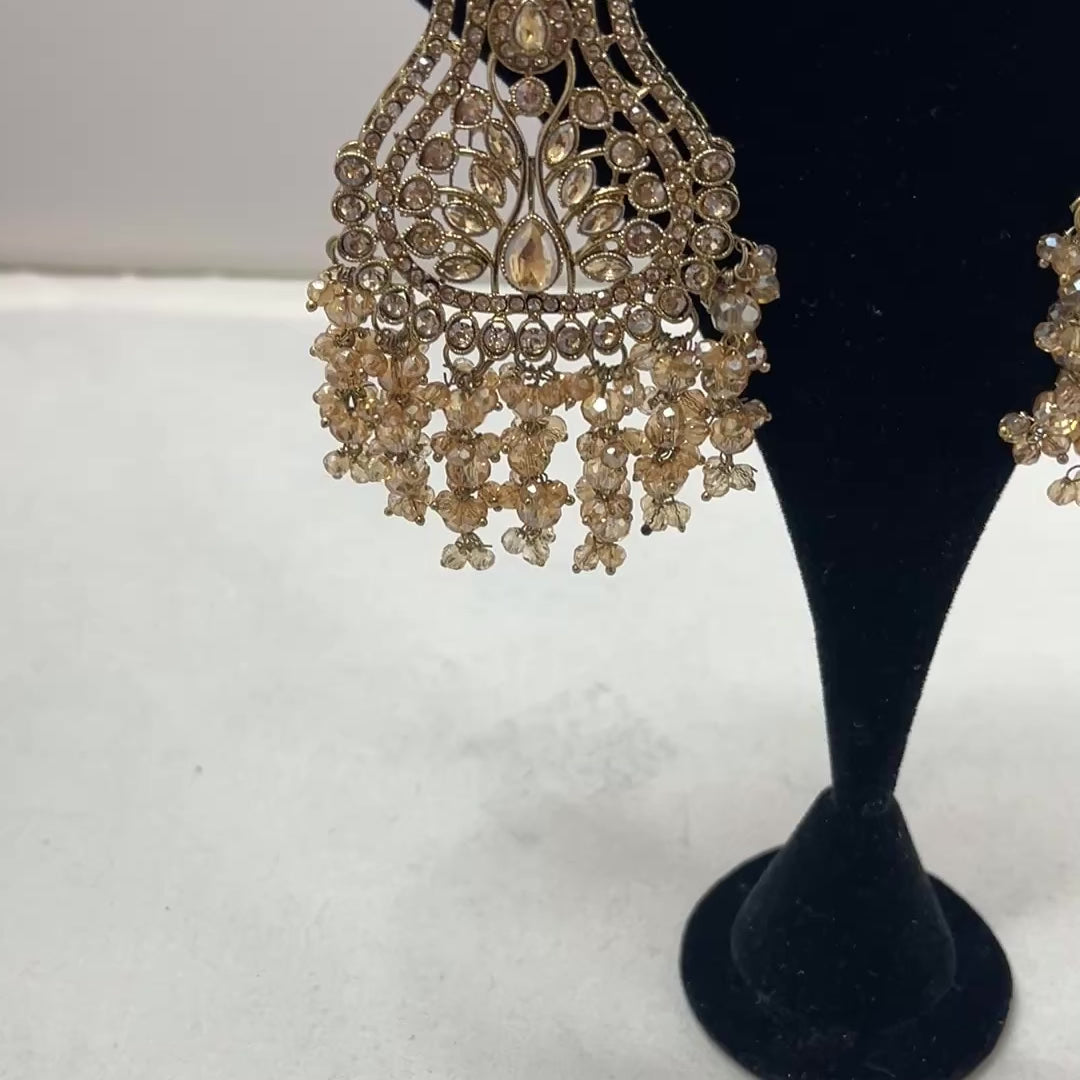 Gold Kundan Earrings With Ear Extensions & Pearls