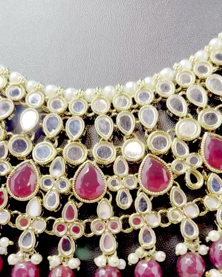Gold Mirror With Red Kundan Set