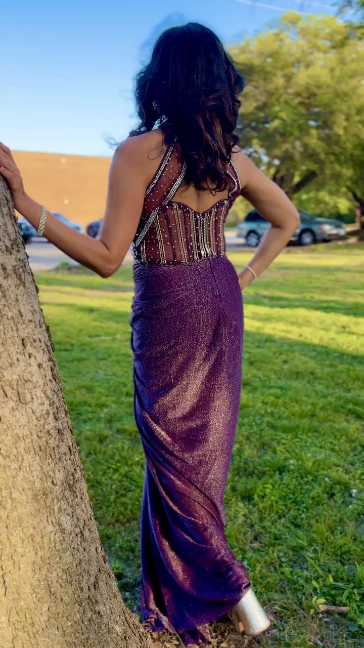 Purple and Silver Draped Gown