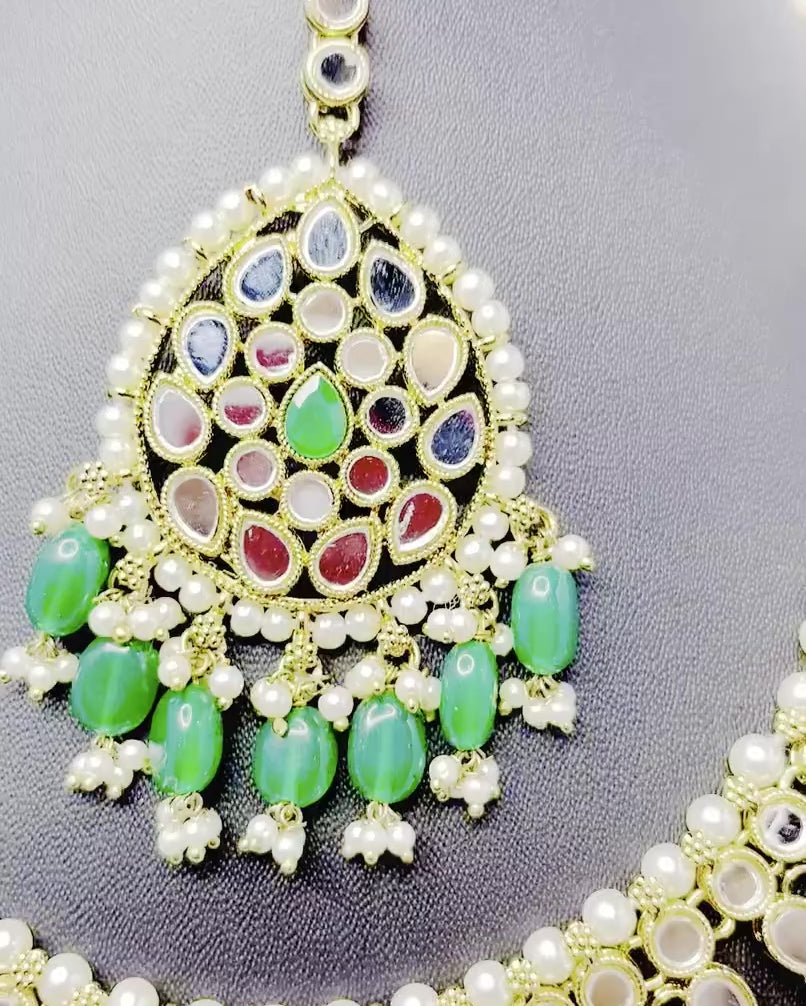 Gold Mirror With Green Kundan Necklace Set