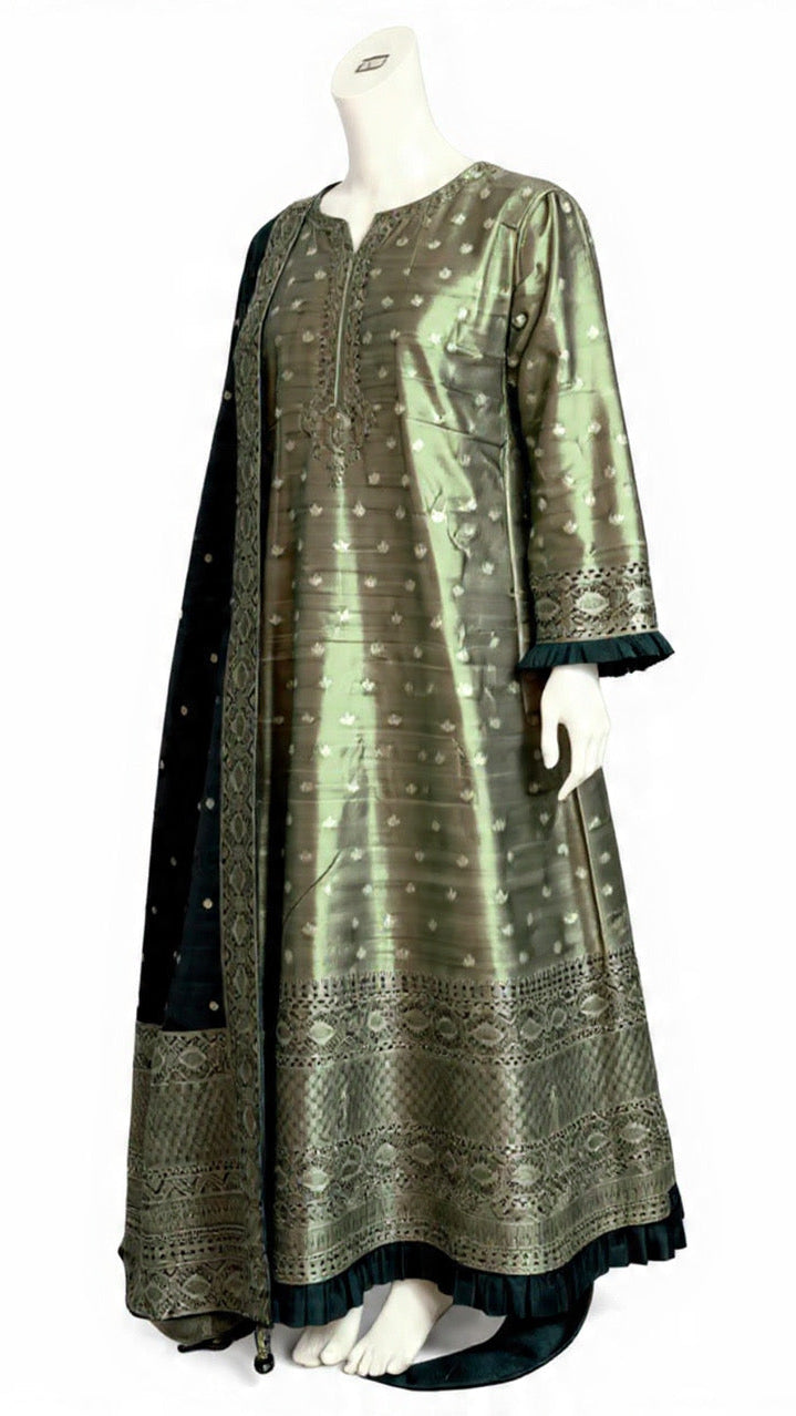 Sage Green Banaras Silk Anarkali