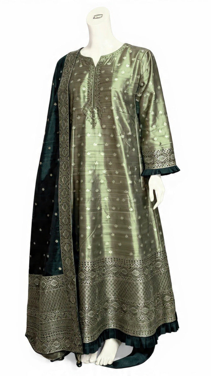 Sage Green Banaras Silk Anarkali