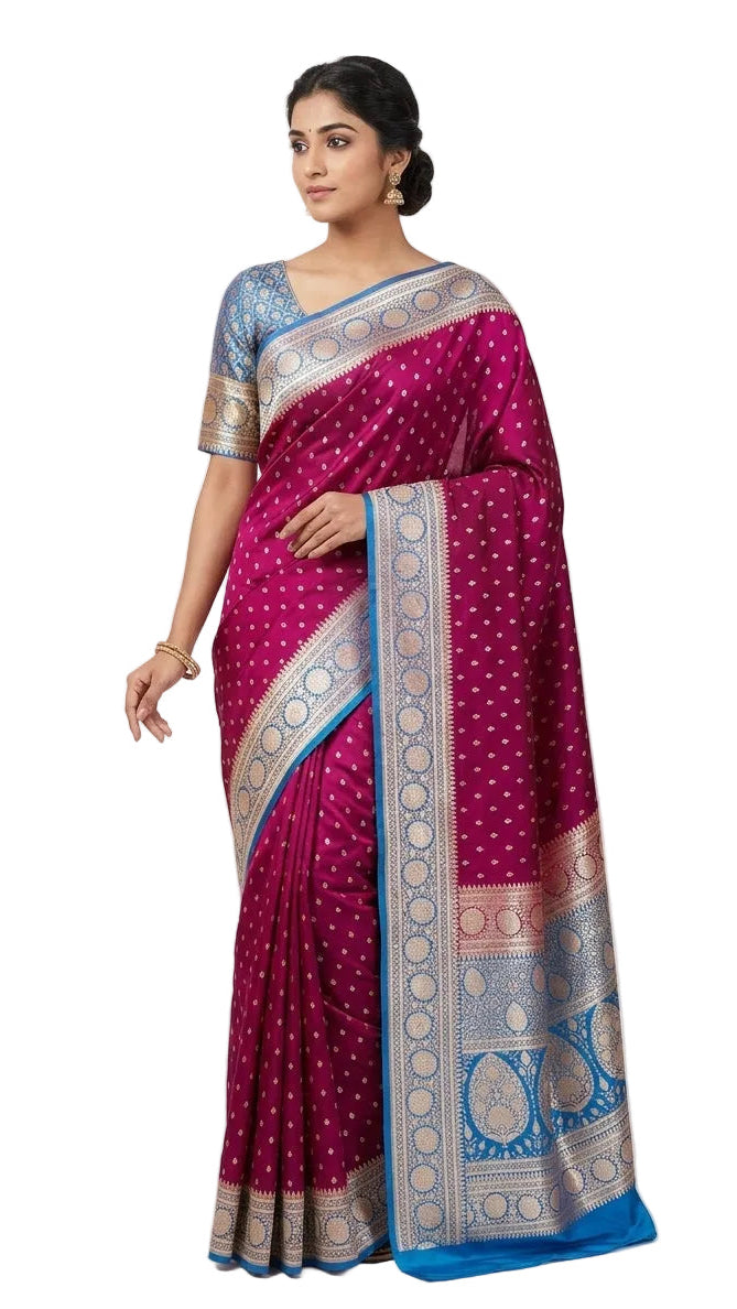 Magenta &  Blue Banarasi Silk Saree