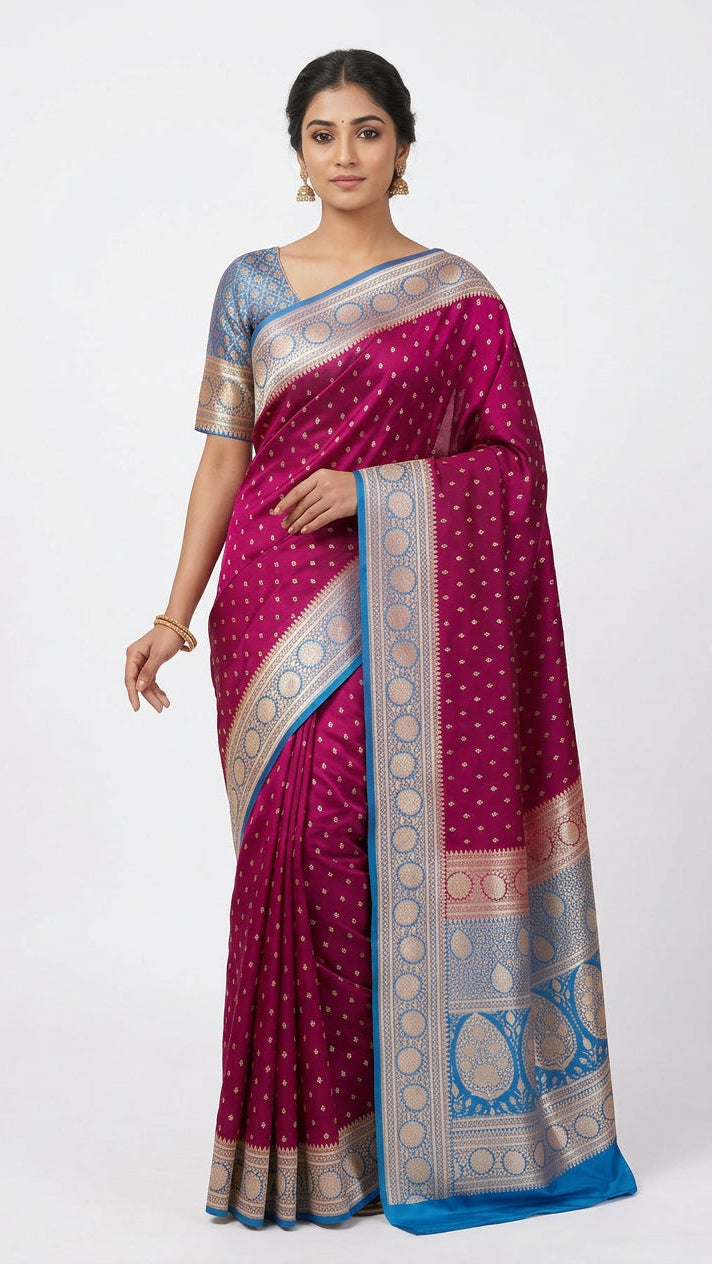 Magenta &  Blue Banarasi Silk Saree