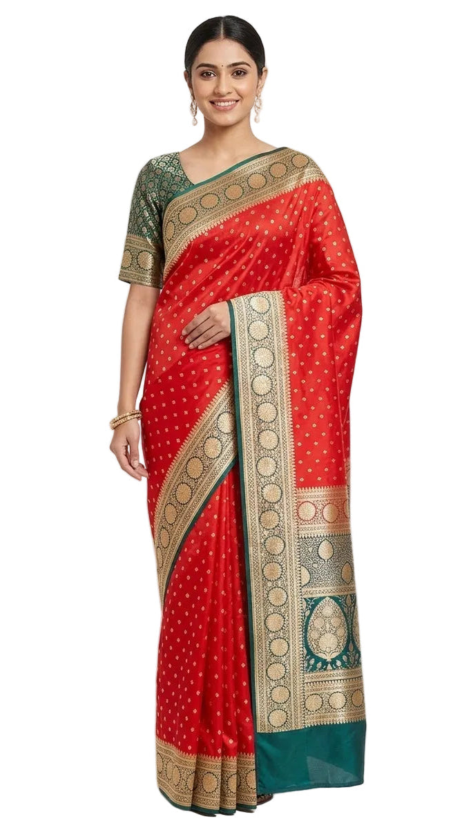 Red &  Dark Green Banarasi Silk Saree