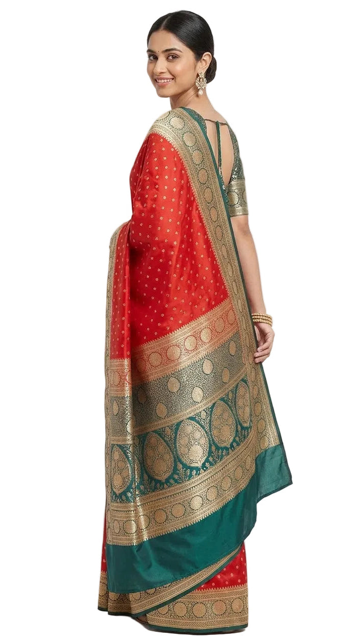 Red &  Dark Green Banarasi Silk Saree