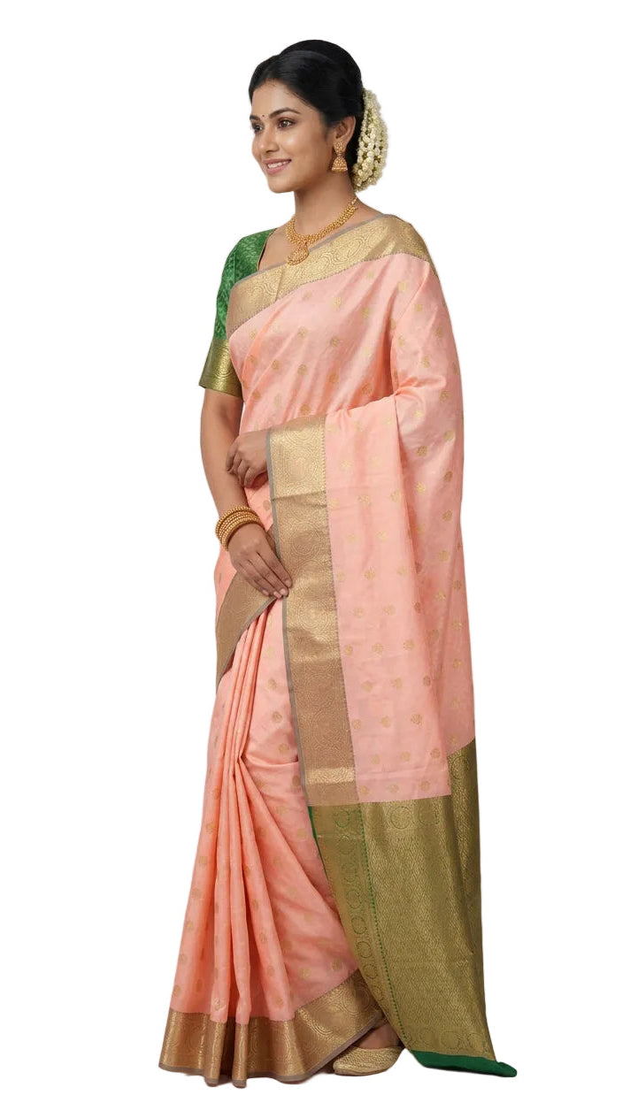 Peach & Dark Green Silk Saree