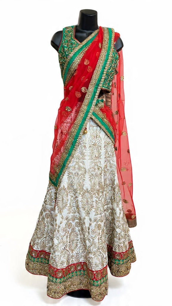 White & Red Embroidery Lehnga Set